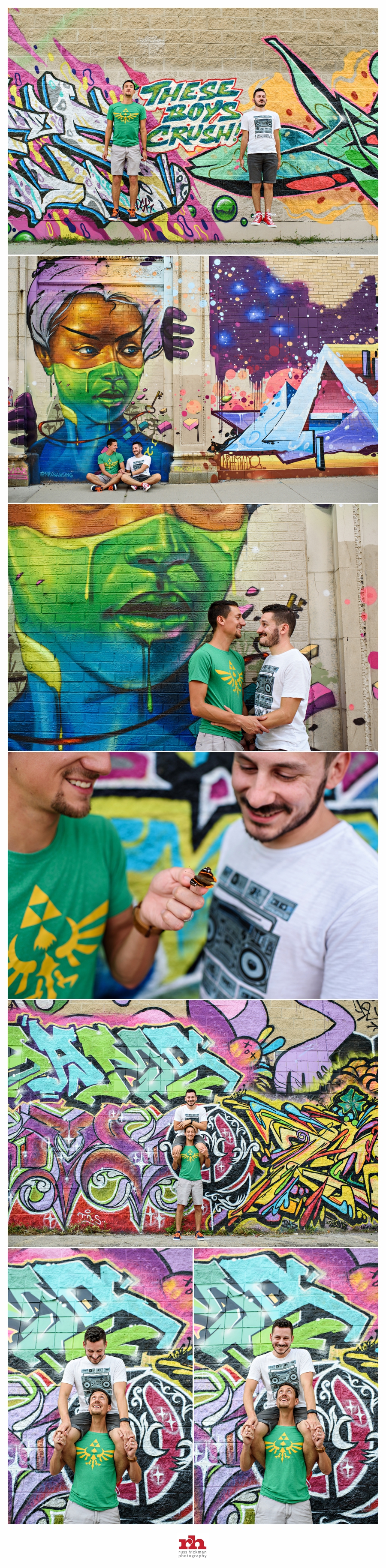 Engaged Couple in front of graffiti wall in Chicago Engagement Session.